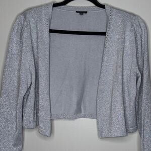 Talbots Cardigan Women Size Medium Short Metallic Silver Open Front Long Sleeve
